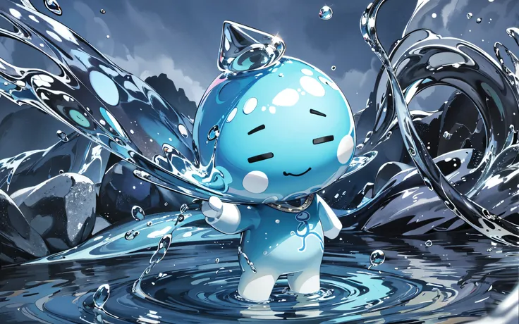 solid color background, Character covered in liquid, water element, Watercolor Nendoroid, Lu Ji, Dripping blue natural rock warehouse, water drips from him, That, strict, There was water splashing, 3840×2160, 3840x2160, Wu Liu，Multi-angle and multi-faceted...