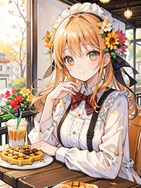 girl,(Terrace coffee shop),(Beautiful and colorful flowers are displayed outside.),(Caramel-filled waffles on a plate),(caramel colored drink),(close up of face:1.1),happy smile