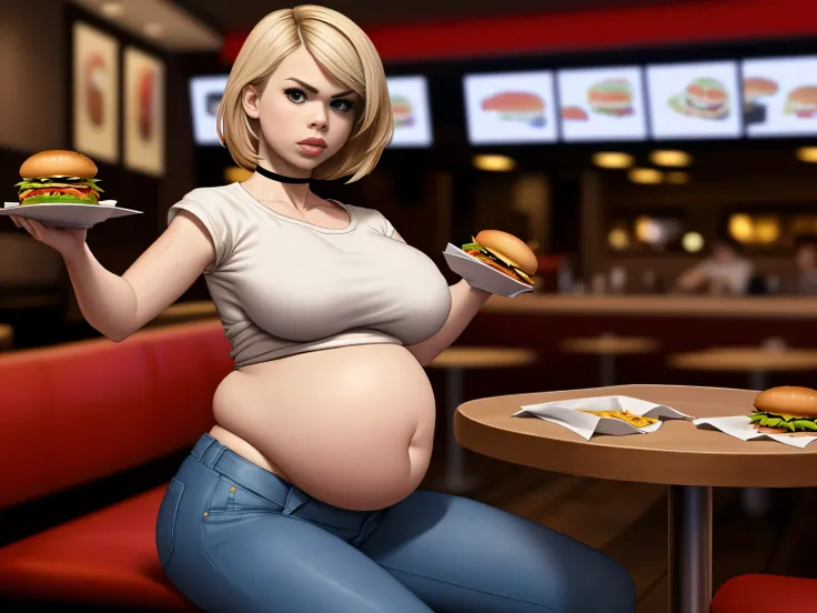 Billie Piper, masterpiece quality, realistic, lots of detail, 1girl, solo, alone, (alone:1.5), in a McDonald’s, in a busy fast food restaurant, wearing leather jacket, wearing white t-shirt, (white t-shirt:1.5), wearing blue jeans, wearing choker collar, s...