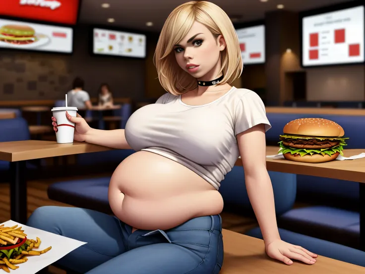 Billie Piper, masterpiece quality, realistic, lots of detail, 1girl, solo, alone, (alone:1.5), in a McDonald’s, in a busy fast food restaurant, wearing leather jacket, wearing white t-shirt, (white t-shirt:1.5), wearing blue jeans, wearing choker collar, s...