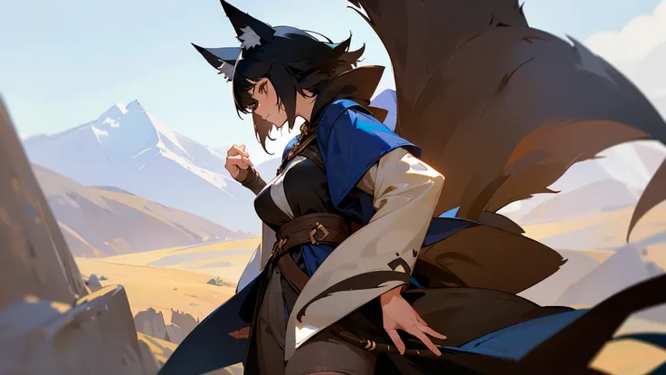 Fox Ears, Black short straight plain hair, Tall grown-up woman, Black foxtail, Fantasy Adventurer outfit