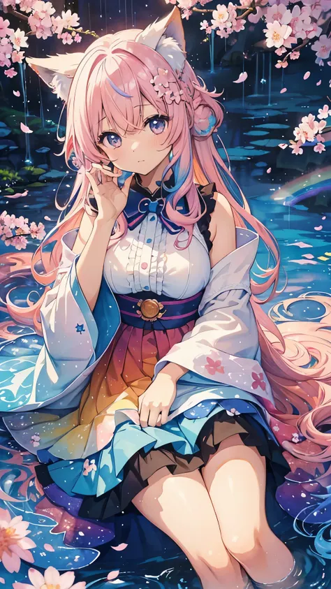 Fox ears, Fox tails, (masterpiece、top-quality、top-quality、watercolor paiting(Curly)、Official art、Beautifully Aesthetic:1.2)、(1girl in:1.3)、(Fractal Art:1.3)、patterns、(rainbow-colored hair、colourful hair、Half blue and half light pink hair:1.2)、Eau、liquids、...