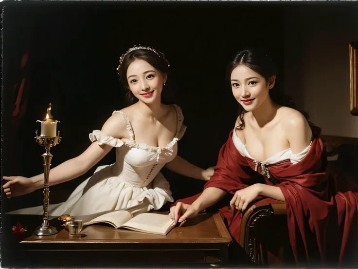 full body portrait ,fruits,Rose ,flower,Rosa,antique,A smile,,Sweet and seductive appearance.、Rubens paintings、Chiaroscuro of Caravaggio,Two women frolicking,Cute smile, Expression of ecstasy,sexy