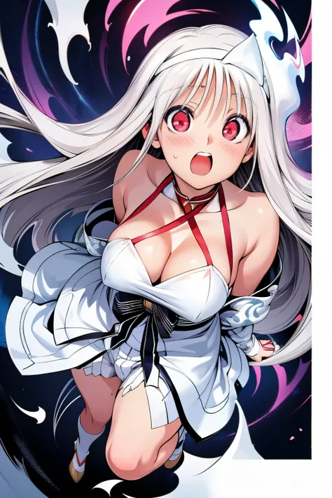 look towards the viewer, standing character, (anime coloring),(masterpiece),(best quality),(ultra-detailed),(best illustration),(absurdres),(detailed background), YUUNA YUNOHANA, LONG HAIR, (HALF CLOSED RED EYES:1.3), WHITE HAIR, CLEAVAGE, WHITE WEDDING DR...