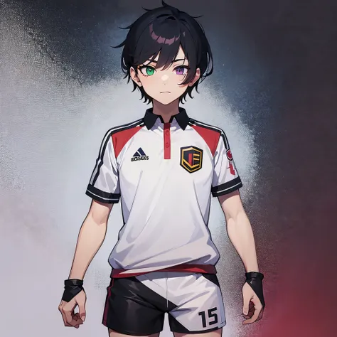 (obra de arte) (Alto detalhe) (high resolution),anime boy , soccer uniform , heterochromia , one eye green , one eye purple