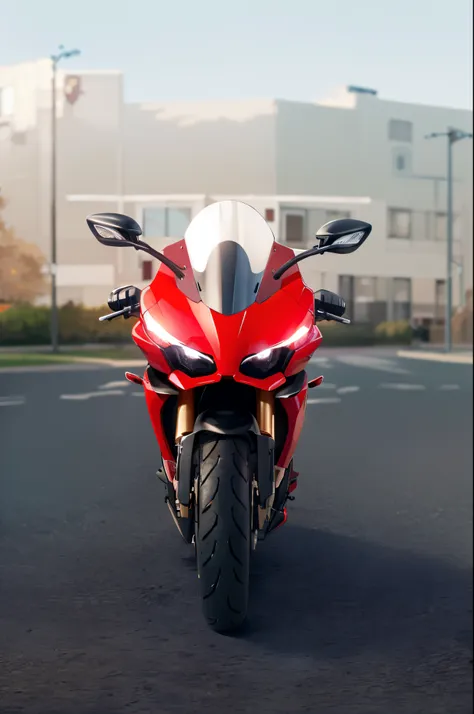 there is a red motorcycle parked in a parking lot, cinematic front shot, closeup portrait shot, front perspective, portrait shot...