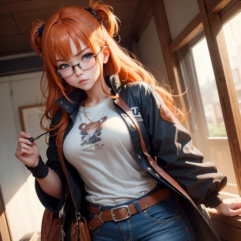 8k, masterpiece, best quality, realistic, higly detailed, cowboy shot, 1girl, solo, Itsuki Nakano, serious looking girl, medium-length hair, expressive ahoge, reddish-orange hair colour, a pair of star-shaped hairpins near both of her eyes, dark blue eyes,...