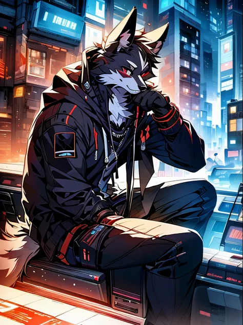 masterpiece，high resolution，8k，high quality，rest，rest，（medium build，black fur，red pupils，bright coat，）） Coyotes， shattered， muscular， male， doll，bright sweatshirt，hood，(cyberpunk style，City，Mechanization)，solo