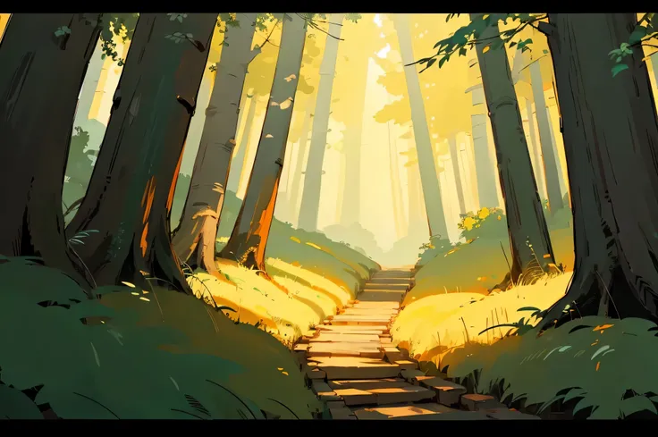 ghibli background style, forest, bright colors, immersive atmosphere, anime style, soft light, no characters, background only