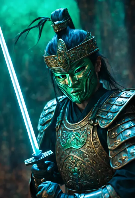 in a bronze palace, in ultimate close-up, with motion blur, From a first-person perspective, There is a ghost warrior， samurai holding katana, Wearing bronze armor, 并戴着青铜鬼mask，mask，Eyes sparkle, Emit blue-green light.，The atmosphere is strange, Ghostly app...