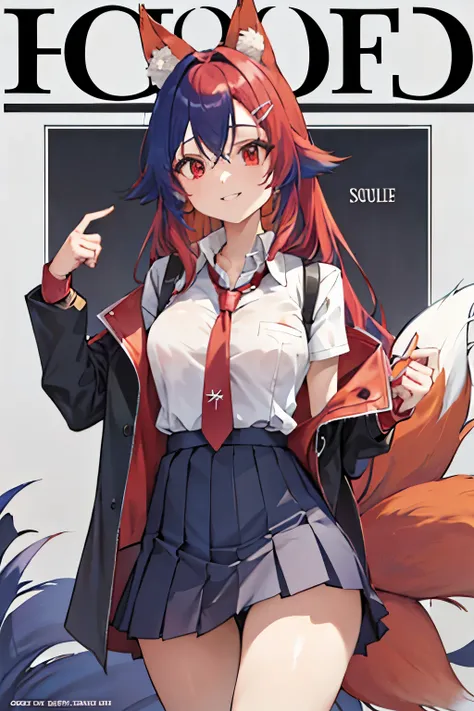 Firefox-Skollie, red eyes, fox girl, multiple tails, multicolored hair, 1girl, hairclip, solo, light smile, small breasts, looking at viewer, 
school uniform, pleated skirt, necktie, open jacket, magazine cover, simple background, 
(masterpiece:1.1), (best...