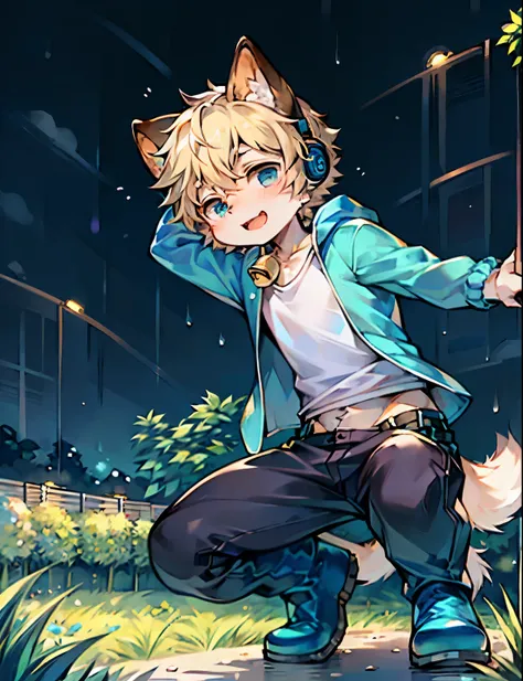 Field garden，A boy wearing a shirt appears, Blue raincoat and black pants，He was lovely，Has a big fluffy tail and cat ears。His short blond hair is accompanied by a string of bells and headphones，mouth slightly open，Have fun in the rain，There are no spots o...