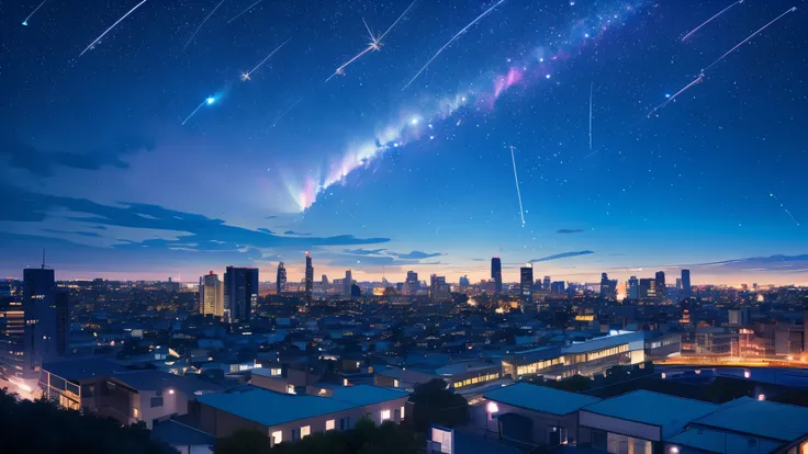 1girl,  ((Nighttime psychedelic shooting star Sky))、building,  city、cityscape、 moon、 sky, star (sky), scenery, starry sky,night, night sky, solo, cloud, milky way, (Best Quality), 4k, Ultra-Detailed