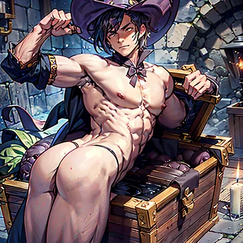 A young adult lean slightly muscular mage male character with longer brown hair and witch hat wearing erotic mage clothes that are too small for his manly breasts and his  dick visible, he is reading grimoire and casting a spell that makes him extra horny ...