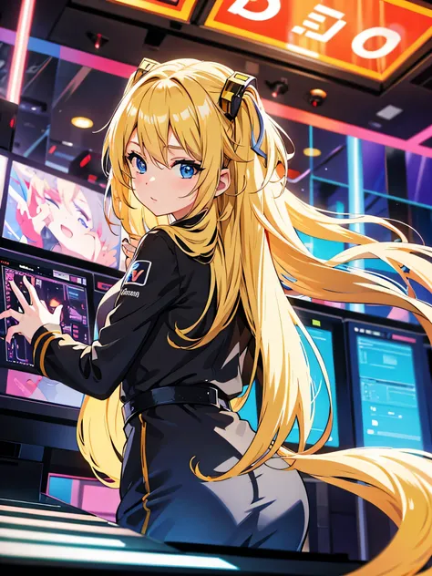 Blonde hair anime girl plays DJ in DJ booth.