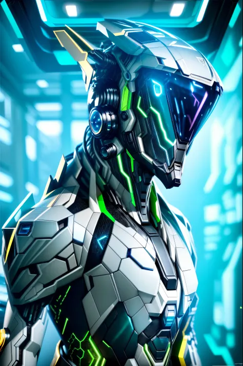 a close up of a robot with glowing eyes and a futuristic suit, neon scales and cyborg tech, cyber suit, intricate glowing mecha armor, ray trace 4k, ray trace 4 k, cybernetic and highly detailed, rendered in nvidias omniverse, ray tracing on, 3 d render ch...