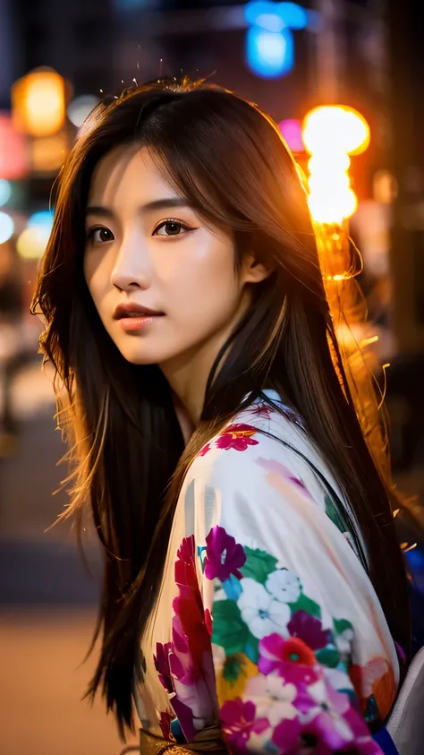 Beautiful Japanese supermodel woman, A lock of hair with slight highlights, black eyes, mixed media, Sexy，street background，Gorgeous kimono , Liquid color flows across her face, sunset，Photographed by Wang Luodan，god of wealth