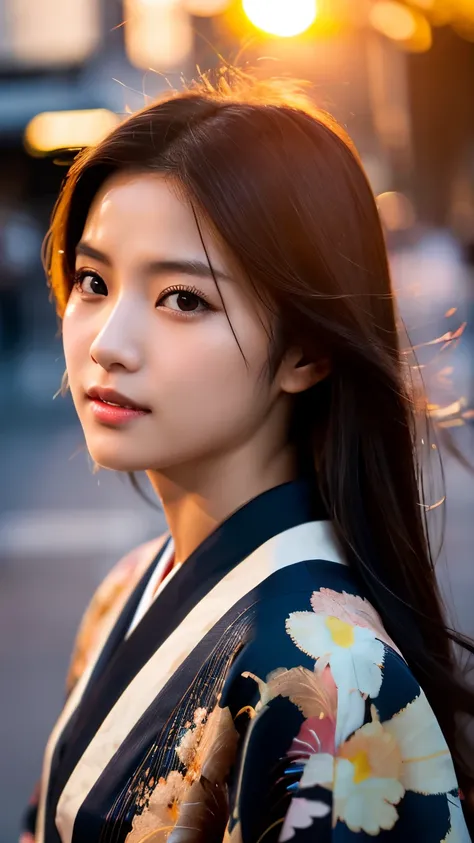 Beautiful Japanese supermodel woman, A lock of hair with slight highlights, black eyes, mixed media, Sexy，street background，Gorgeous kimono , Liquid color flows across her face, sunset，Photographed by Wang Luodan，god of wealth