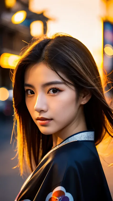 Beautiful Japanese supermodel woman, A lock of hair with slight highlights, black eyes, mixed media, Sexy，street background，Gorgeous kimono , Liquid color flows across her face, sunset，Photographed by Wang Luodan，god of wealth