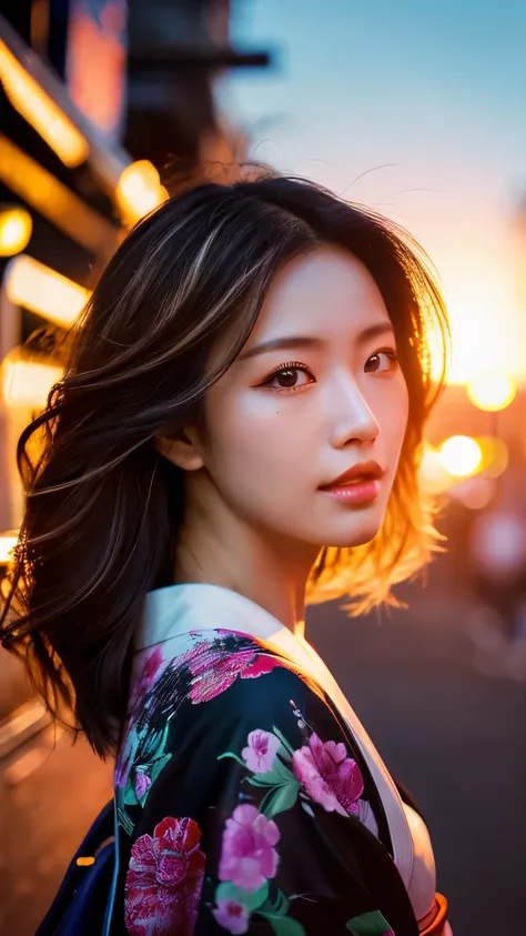 Beautiful Japanese supermodel woman, A lock of hair with slight highlights, black eyes, mixed media, Sexy，street background，Gorgeous kimono , Liquid color flows across her face, sunset，Photographed by Wang Luodan，god of wealth