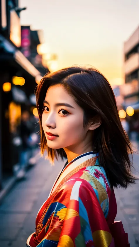 Beautiful Japanese supermodel woman, A lock of hair with slight highlights, black eyes, mixed media, Sexy，street background，Gorgeous kimono , Liquid color flows across her face, sunset，Photographed by Wang Luodan，god of wealth