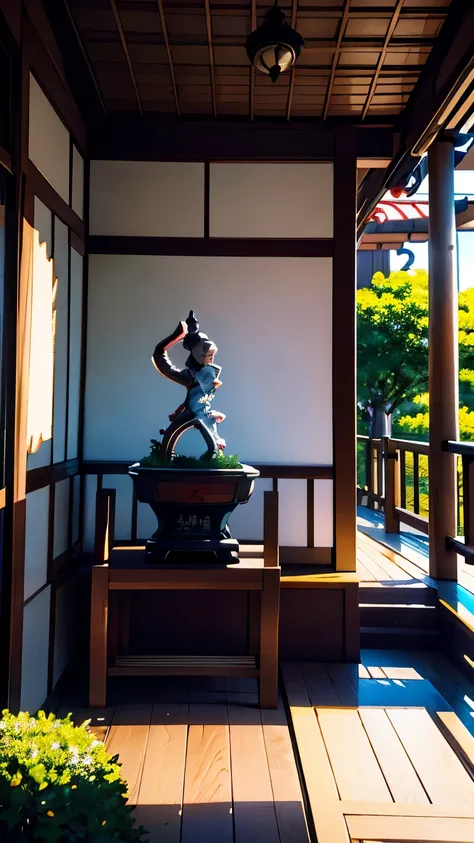 (((古い日本家屋のverandahに座る、bonsai is displayed in the garden:1.1)))、one girl、perfect anatomy、painterly、gentle expression、very delicat...