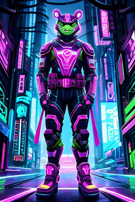 Create a mesmerizing digital artwork of an anthropomorphic pink Pepe Frog embracing the cyberpunk atmosphere. Standing confidently on two legs, Pepe is adorned in a state-of-the-art body armor suit embellished with vibrant neon accents, intricately designe...