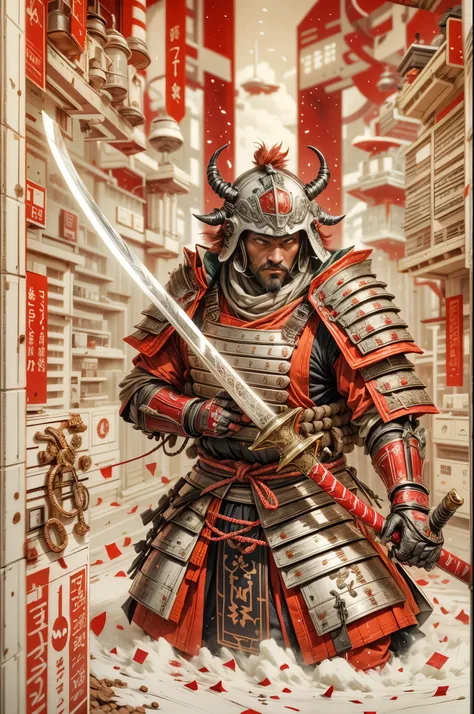 japanese samurai，samurai armor，red white，with a huge knife，fighting stance，katana focus，space city background，