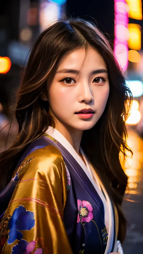 Beautiful Japanese supermodel woman, A lock of hair with slight highlights, black eyes, mixed media, Sexy，street background，Gorgeous kimono , Liquid color flows across her face, sunset，Photographed by Wang Luodan，god of wealth