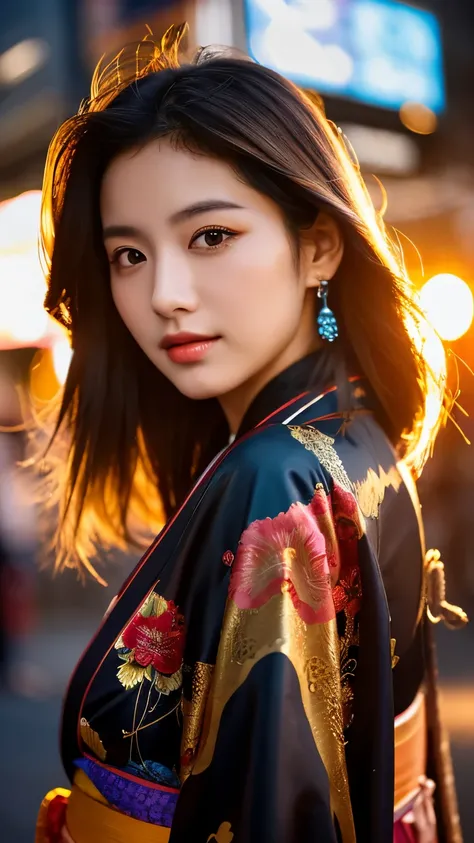 Beautiful Japanese supermodel woman, A lock of hair with slight highlights, black eyes, mixed media, Sexy，street background，Gorgeous kimono , Liquid color flows across her face, sunset，Photographed by Wang Luodan，god of wealth