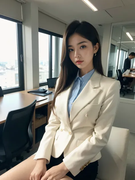 best quality,masterpiece,ultra high resolution,(actual:1.4),original photo,ultra high definition，8k，there is a girl，fashionable clothes,Professional attire，office women，high fashion，cool