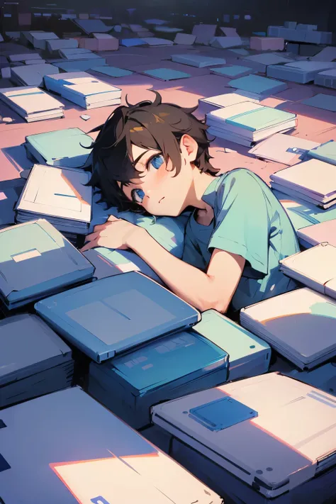 A cute boy lying on a pile of game consoles and smartphones