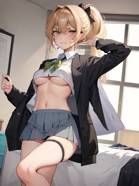 highest quality、High resolution、detailed background、cute hairstyle、sexual uniform、sexy uniform、pleated mini skirt、on the bed、panty shot、white panties、((emphasize the underboob、I see a modest expression、camel toe、not wearing underwear、((He glares at me as h...