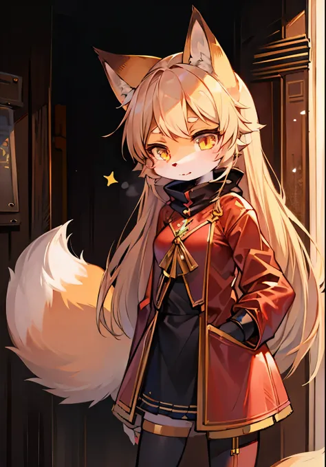 fox girl，female focus，Furry women，Furry loli，Bright Eyes，long sleeve coat，Standing posture