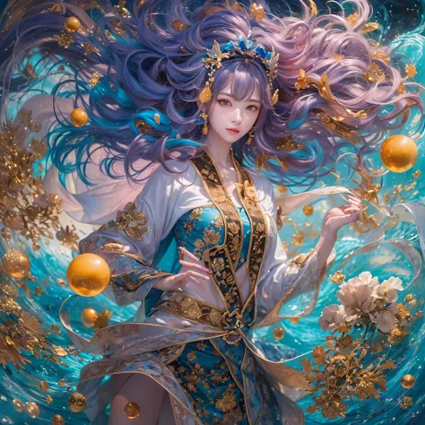 Light yellow blue colors，enamel，agate，A flesh-colored world，Blood Blue Maiden 32k（masterpiece，HD，Aoyama Pond，Ultra high quality，32k）long flowing bright blue hair，blood pool，Ziddink， a color，Grumpy （After greeting）， （Linen scarf）， fighting stance， looking a...