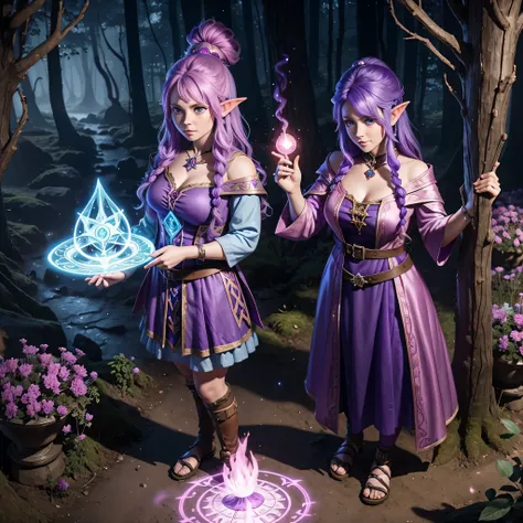 single female gnome sorceress with purple hair and blue eyes, wearing a pink dress, forest background, from Pathfinder, casting a magic spell, three feet tall