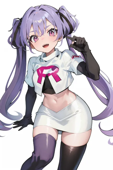 (solo, 1girl:1.2), 
(portrait), 
simple background,
official art, 
twintails, purple hair, purple eyes, multicolored eyes, spider girl, gradient eyes, 
team rocket,team rocket uniform, red letter R, white skirt,white crop top,black thigh-highs,black elbow ...