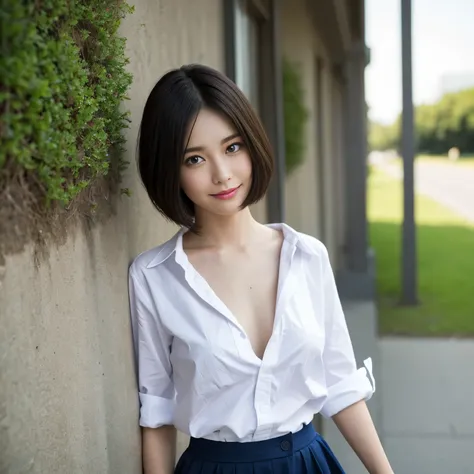 (highest quality、table top、8k、best image quality、Award-winning work)、One cute high school girl、alone、perfect beautiful composition、(Uniform shirt with wide open chest:1.1)、(unbutton your shirt、fully exposes small naked breasts:1.5)、(very short hair:1.1)、sl...