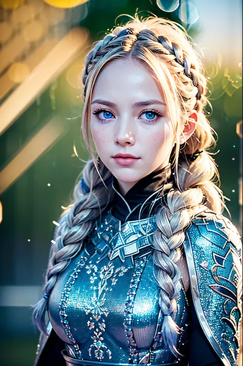 A fiercely proud Nordic girl stands, her presence exuding unwavering strength. Her blonde braids cascade down her back, framing a face marked by determination and resilience. This stunning portrait captures her piercing blue eyes, reflecting the icy landsc...