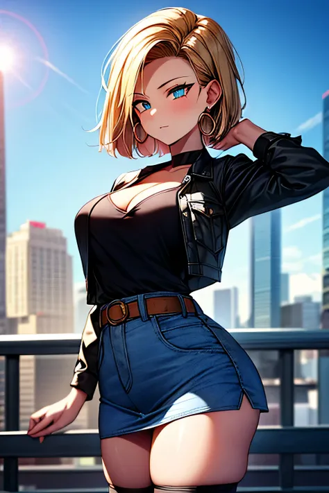 android 18, android 18, blonde hair, blue eyes, eyelash, hoop earrings, short hair, earrings, break belt, black legwear, black shirt, breast pocket, cleavage, clavicle, denim, denim skirt, high-waist skirt, jewelry, long sleeve, pocket, shirt, shirt tucked...