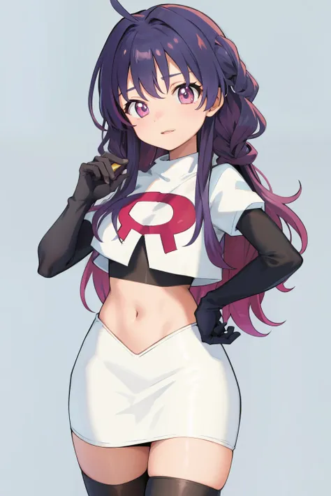 (solo, 1girl:1.2), 
(portrait), 
simple background,
official art, 
twintails, purple hair, purple eyes, multicolored eyes, spider girl, gradient eyes, 
team rocket,team rocket uniform, red letter R, white skirt,white crop top,black thigh-highs,black elbow ...