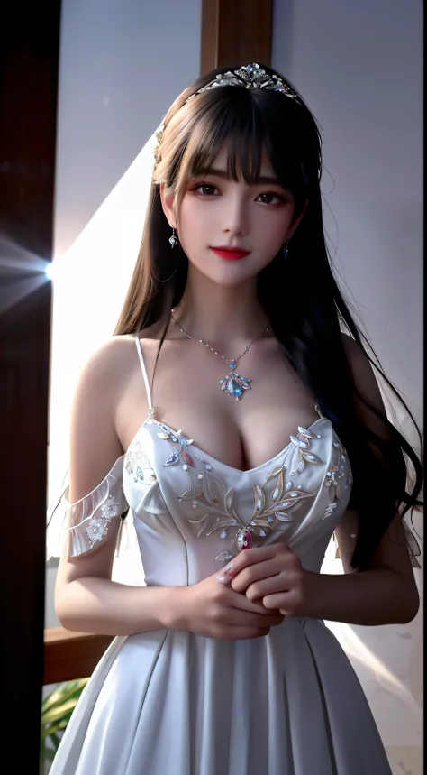 In the heart of a dimly lit, high-end studio, a magnificent single figure comes to life. She wears a porcelain white dress, delicately adorned with intricate lace and beading, shimmering under the soft glow of the DSLRs light. Her hair, cascading in a wate...