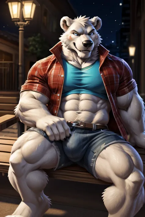 furry, extreme detail, detailed face, smirking and winking at the viewer, one hand on his bulge, very thick and muscular white polar bear sitting on bench next to sidewalk with arm on the backrest, wearing denim jacket and a tight gym shirt and jean shorts...