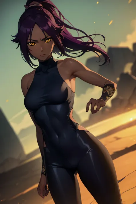 yoruichishihouin, yoruichi shihouin, long hair, (yellow eyes:1.5), ponytail, purple hair, dark skin, dark-skinned female,
break ...