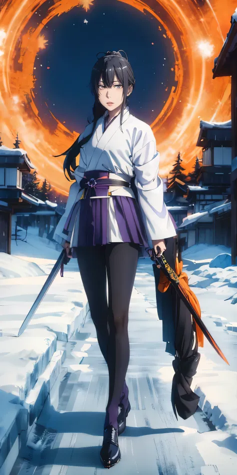 yukinoshita yukino, young 1girl, solo, sakifuwa, glazed eyes, very long hair, ponytail, orange eyes, black hair, black tights, white samurai suit, long leggings, purple strain of hair, very purple long skirt, holding dual sword, frost effects, frost blue, ...