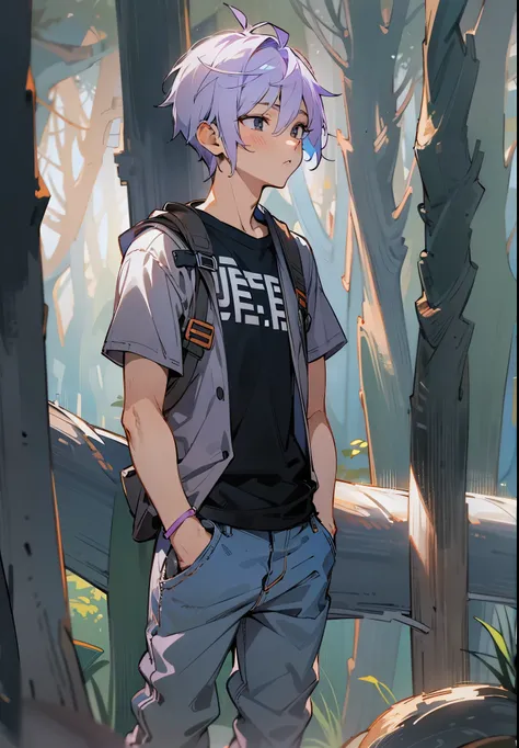 1male, Kid, Light Purple Hair, Short Hair, Black Eyes, Baggy Jeans, Loose T-Shirt, Forest