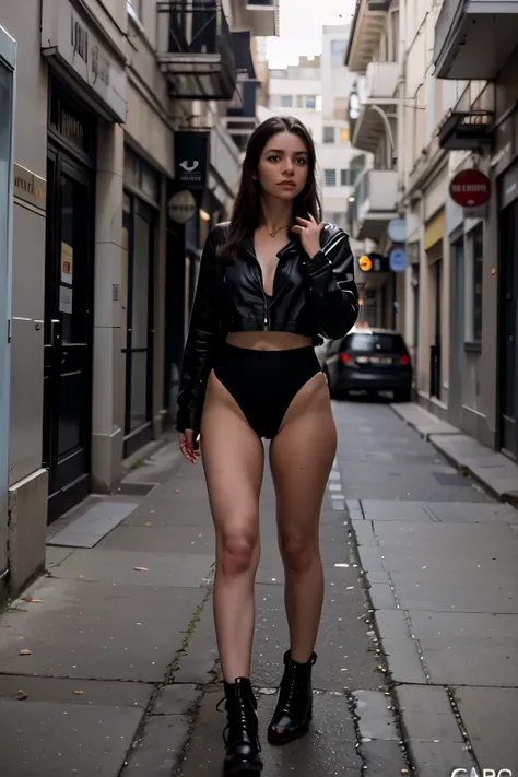 ((Mejor calidad)), ((Obra maestra)), (detallado), cara perfecta, Sexy Girl Full Body 22 years, tostada vestida con top blanco, falda    negra y botines negros, caminando por una    calle solitaria a la media noche, gran angular,  octanaje render,        De...