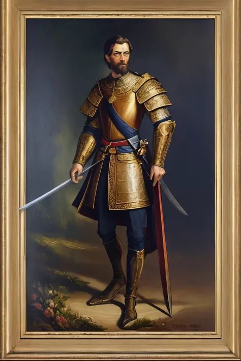 (extremely detailed 8k , masterpiece, best quality, ultra-detailed), (best illumination, best shadow, extreme detail) portrait oil painting on canvas of a 15th century european lord standing in a battlefield. Stylised in a grandious and epic manner being b...