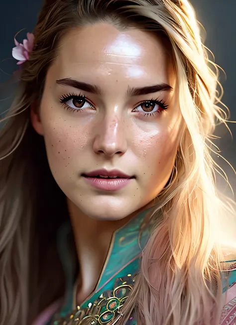 Looks like Shailene Woodley, (symmetry:1.1) (portrait of floral:1.05) a woman as a beautiful goddess, (assassins creed style:0.8), pink and gold and opal color scheme, beautiful intricate filegrid facepaint, intricate, elegant, highly detailed, digital pai...