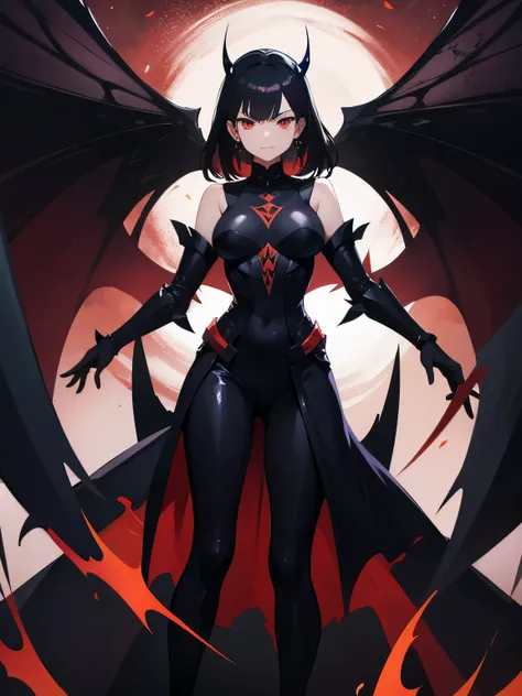 ((best quality)), ((work of art)), (detailed), perfect face, black hair, red eyes, villain, serious expression, villain pose, full body, nude, anime girl